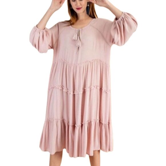 ❌Anthropologie Easel Pink Ruffled Tiered Bohemian Dress Size Small (runs large) - Picture 1 of 11